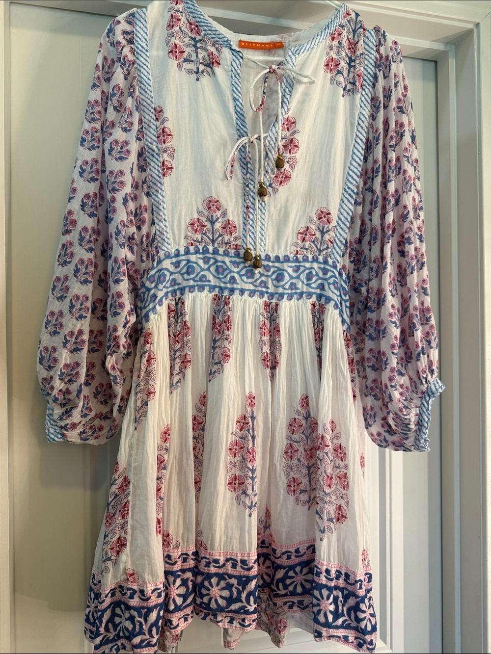 Oliphant XS Floral Block Print Cotton Mini Dress India Boho Puff Sleeve Zip Back